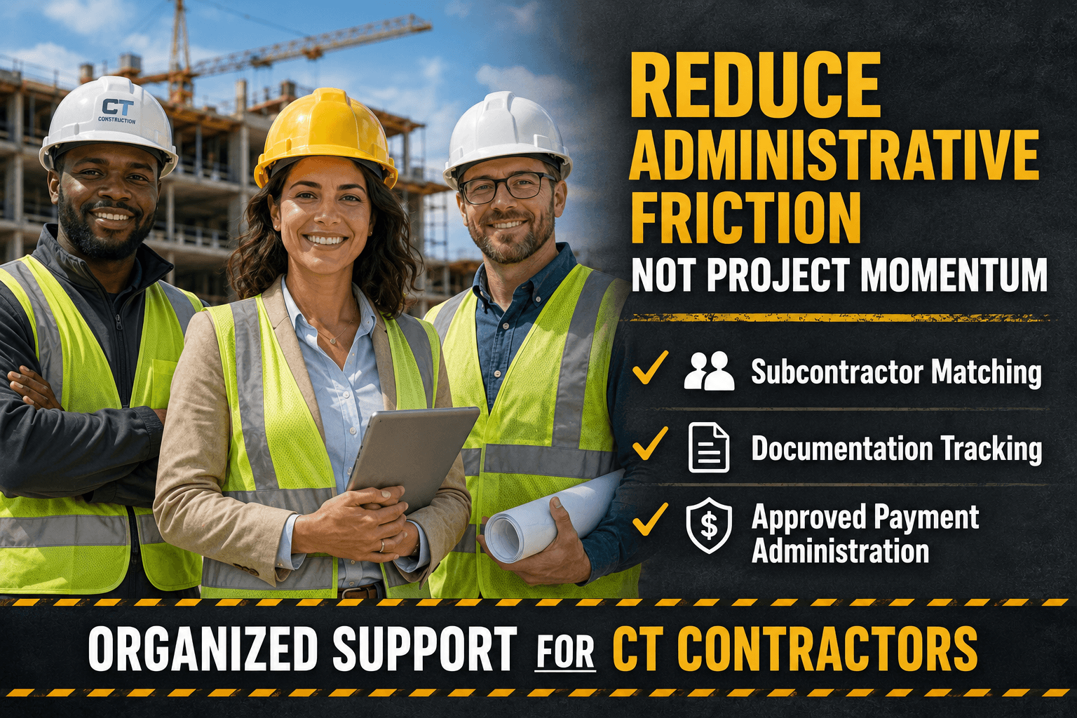 Construction professionals in safety gear at a jobsite with text reading “Reduce Administrative Friction, Not Project Momentum,” highlighting subcontractor matching, documentation tracking, and approved payment administration for Connecticut contractors.