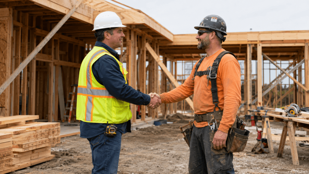 Contractorandworker Contractor and worker shaking hands on jobsite